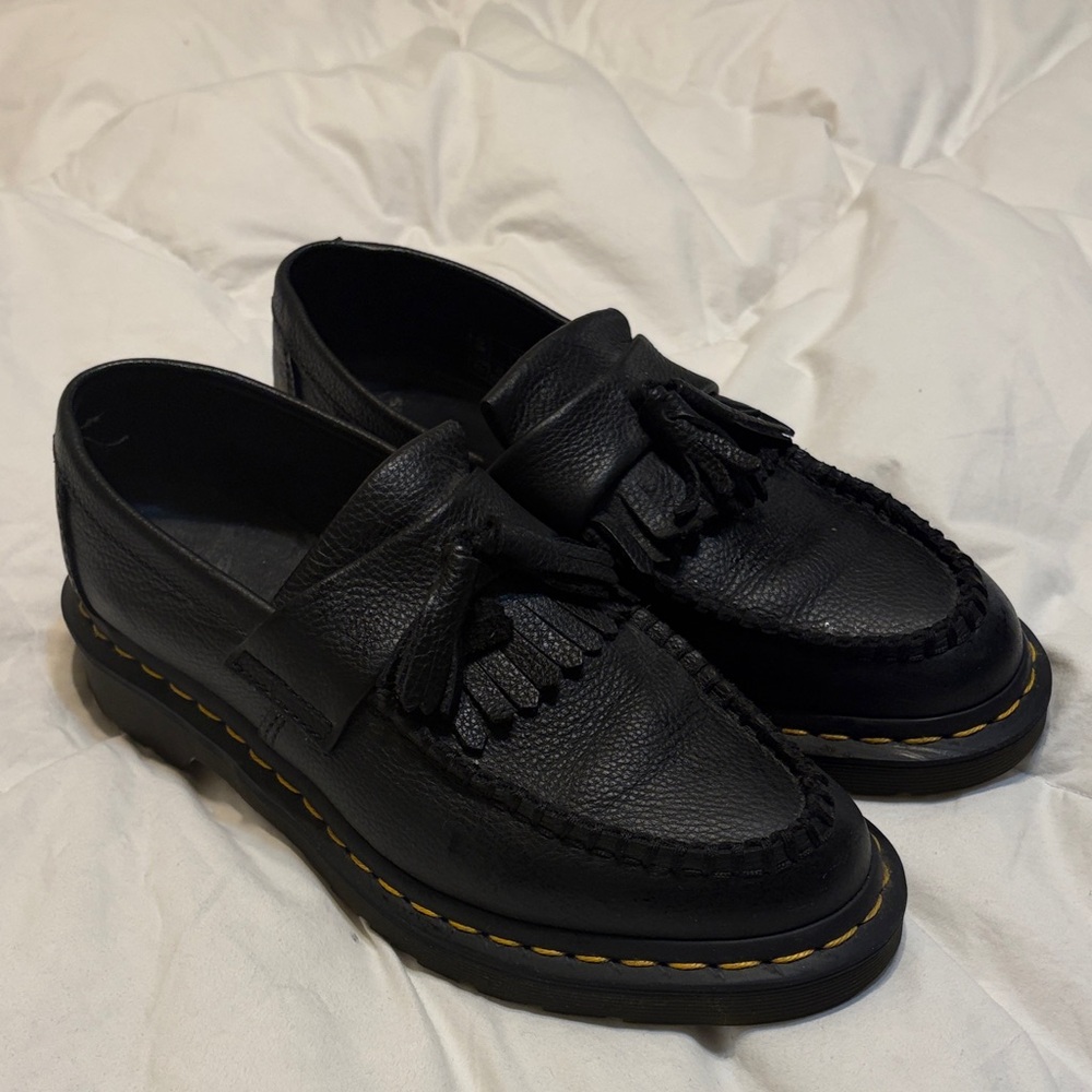 Dr. Martens Adrian Black Leather Tassel Loafers with Yellow Stitching